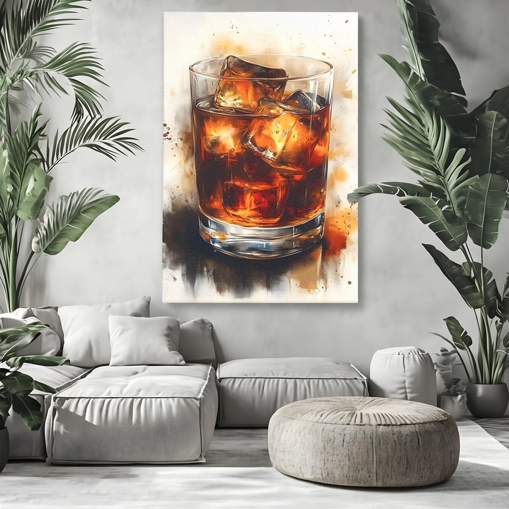 Tablou canvas cu tablou pictura pahar whisky cu gheata, fara rama, pe sasiu de lemn, pe perete intr-un living